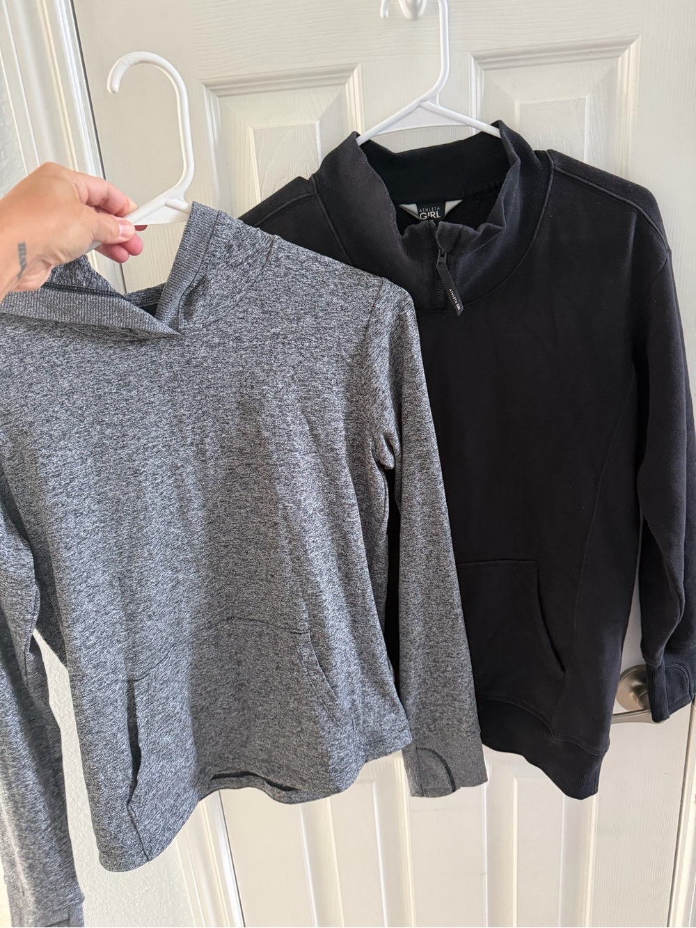 Athleta Girl Grey shirt Hoodie & Simone Biles Black funnel Sweatshirt